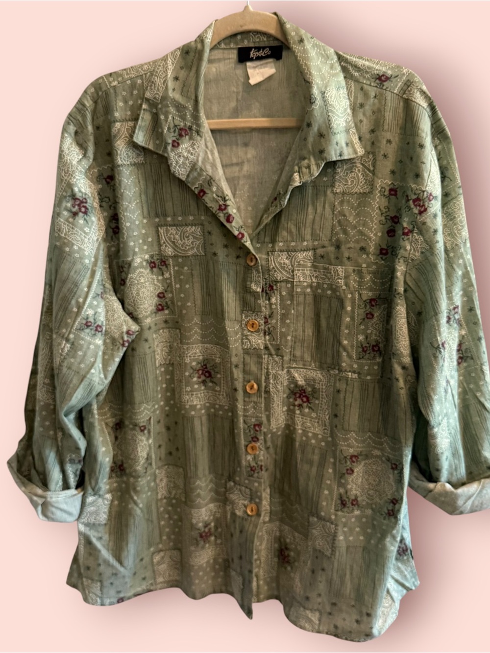 Vintage Tops & Co Sage Patchwork Print Button Up Shirt